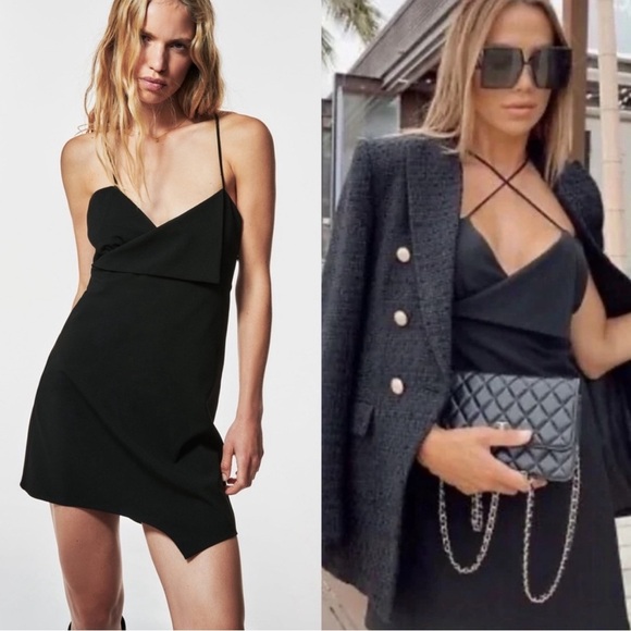 NWT ZARA Black Asymmetrical Strappy Mini Dress S - Picture 1 of 14